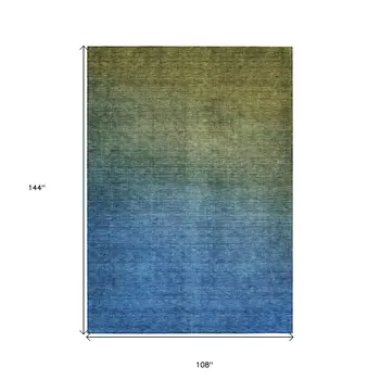 9' X 12' Olive Green Blue And Navy Blue Ombre Washable Indoor Outdoor Area Rug