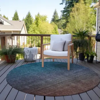8' Teal Blue Chocolate And Charcoal Round Ombre Washable Indoor Outdoor Area Rug