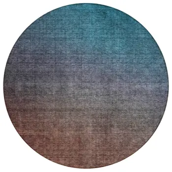 8' Teal Blue Chocolate And Charcoal Round Ombre Washable Indoor Outdoor Area Rug