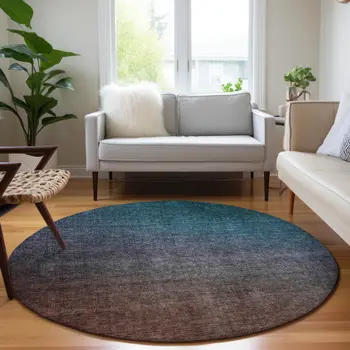8' Teal Blue Chocolate And Charcoal Round Ombre Washable Indoor Outdoor Area Rug