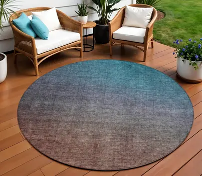 8' Teal Blue Chocolate And Charcoal Round Ombre Washable Indoor Outdoor Area Rug