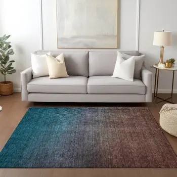 8' X 10' Teal Blue Chocolate And Charcoal Ombre Washable Indoor Outdoor Area Rug