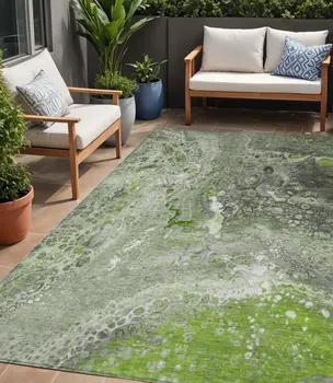 5' X 8' Artichoke Green And Ivory Abstract Washable Indoor Outdoor Area Rug