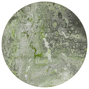 8' Artichoke Green And Ivory Round Abstract Washable Indoor Outdoor Area Rug