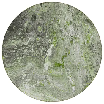 8' Artichoke Green And Ivory Round Abstract Washable Indoor Outdoor Area Rug
