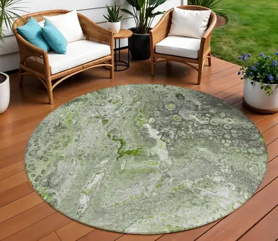 8' Artichoke Green And Ivory Round Abstract Washable Indoor Outdoor Area Rug