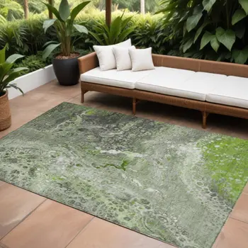 9' X 12' Artichoke Green And Ivory Abstract Washable Indoor Outdoor Area Rug