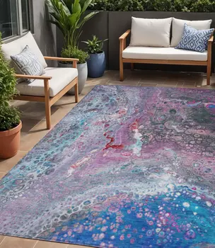 5' X 8' Sky Blue And Purple Abstract Washable Indoor Outdoor Area Rug