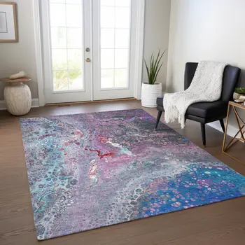 5' X 8' Sky Blue And Purple Abstract Washable Indoor Outdoor Area Rug