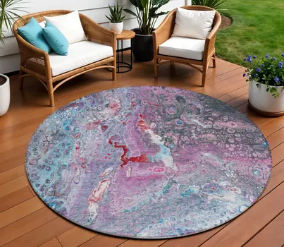 8' Sky Blue And Purple Round Abstract Washable Indoor Outdoor Area Rug