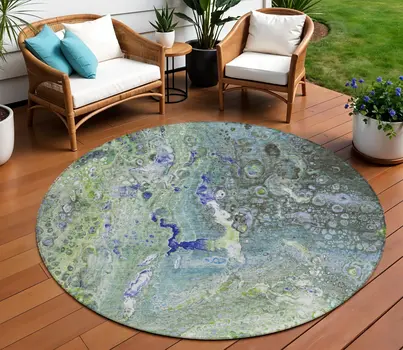 8' Green And Lime Green Round Abstract Washable Indoor Outdoor Area Rug
