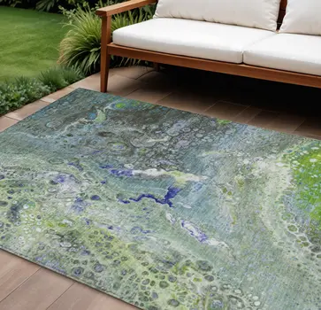 10' X 14' Green And Lime Green Abstract Washable Indoor Outdoor Area Rug