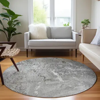 8' Silver Gray And Taupe Round Abstract Washable Indoor Outdoor Area Rug