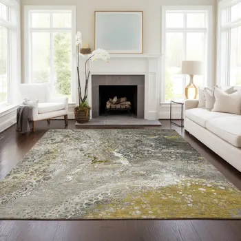 10' X 14' Taupe Brown And Beige Abstract Washable Indoor Outdoor Area Rug