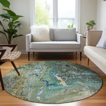 8' Teal Blue Lime Green And Green Round Abstract Washable Indoor Outdoor Area Rug