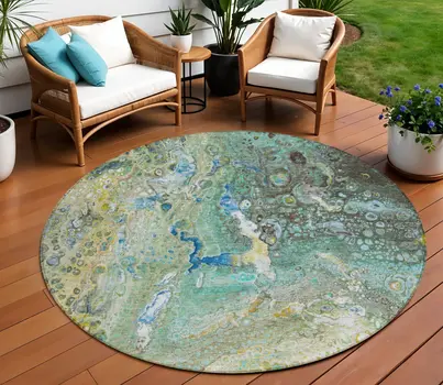 8' Teal Blue Lime Green And Green Round Abstract Washable Indoor Outdoor Area Rug