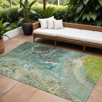 9' X 12' Teal Blue Lime Green And Green Abstract Washable Indoor Outdoor Area Rug