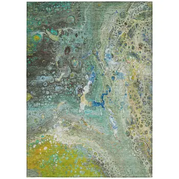 10' X 14' Teal Blue Lime Green And Green Abstract Washable Indoor Outdoor Area Rug