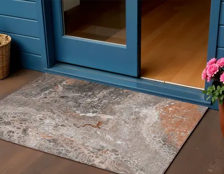 3' X 5' Terra Cotta Copper And Gray Abstract Washable Indoor Outdoor Area Rug