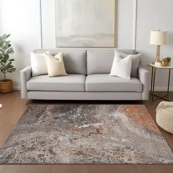 5' X 8' Terra Cotta Copper And Gray Abstract Washable Indoor Outdoor Area Rug