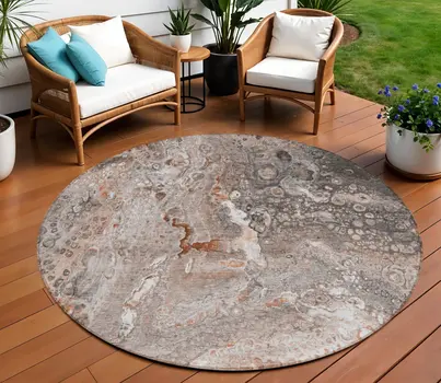8' Terra Cotta Copper And Gray Round Abstract Washable Indoor Outdoor Area Rug