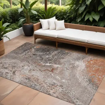 10' X 14' Terra Cotta Copper And Gray Abstract Washable Indoor Outdoor Area Rug