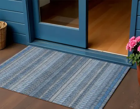 3' X 5' Denim Blue And Ivory Striped Washable Indoor Outdoor Area Rug