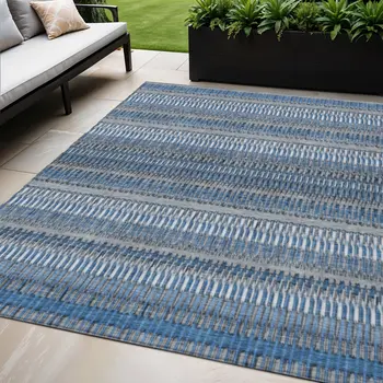 5' X 8' Denim Blue And Ivory Striped Washable Indoor Outdoor Area Rug