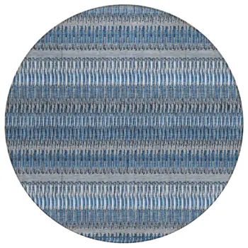 8' Denim Blue And Ivory Round Striped Washable Indoor Outdoor Area Rug