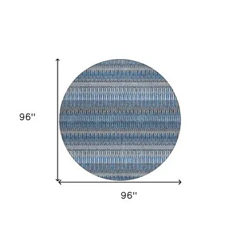 8' Denim Blue And Ivory Round Striped Washable Indoor Outdoor Area Rug