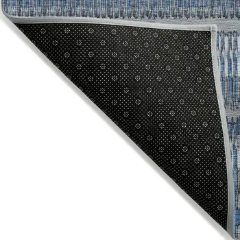 9' X 12' Denim Blue And Ivory Striped Washable Indoor Outdoor Area Rug