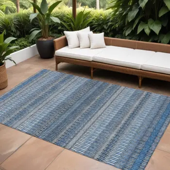10' X 14' Denim Blue And Ivory Striped Washable Indoor Outdoor Area Rug