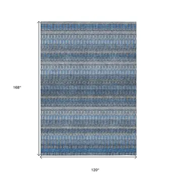 10' X 14' Denim Blue And Ivory Striped Washable Indoor Outdoor Area Rug