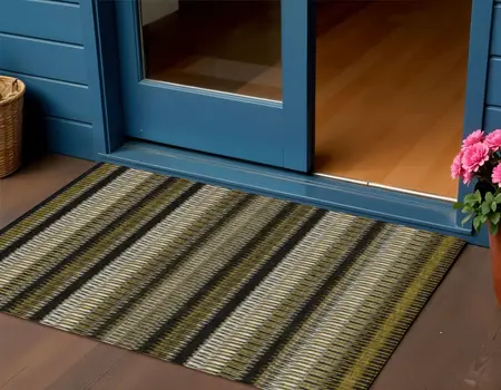 3' X 5' Brown Ivory And Black Striped Washable Indoor Outdoor Area Rug