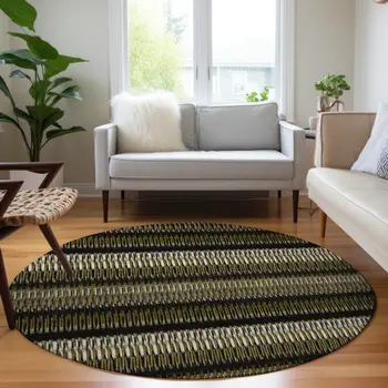 8' Brown Ivory And Black Round Striped Washable Indoor Outdoor Area Rug