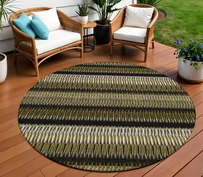 8' Brown Ivory And Black Round Striped Washable Indoor Outdoor Area Rug