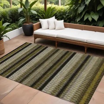 8' X 10' Brown Ivory And Black Striped Washable Indoor Outdoor Area Rug