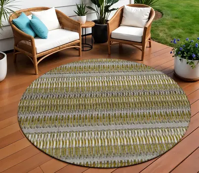 8' Coffee And Taupe Round Striped Washable Indoor Outdoor Area Rug