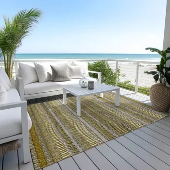 10' X 14' Coffee And Taupe Striped Washable Indoor Outdoor Area Rug