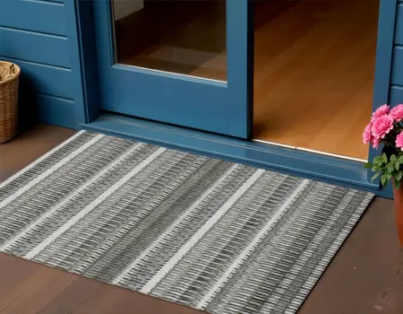 3' X 5' Gray Charcoal And Ivory Striped Washable Indoor Outdoor Area Rug