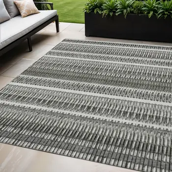 5' X 8' Gray Charcoal And Ivory Striped Washable Indoor Outdoor Area Rug