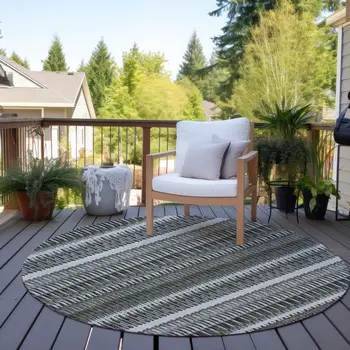 8' Gray Charcoal And Ivory Round Striped Washable Indoor Outdoor Area Rug