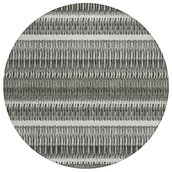 8' Gray Charcoal And Ivory Round Striped Washable Indoor Outdoor Area Rug