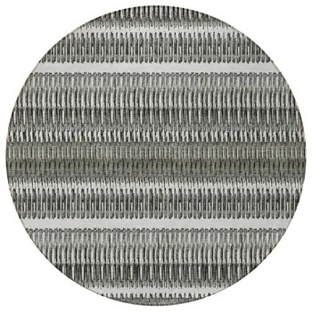 8' Gray Charcoal And Ivory Round Striped Washable Indoor Outdoor Area Rug