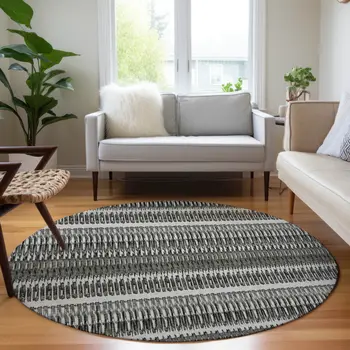 8' Gray Charcoal And Ivory Round Striped Washable Indoor Outdoor Area Rug
