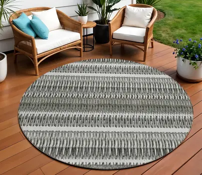 8' Gray Charcoal And Ivory Round Striped Washable Indoor Outdoor Area Rug