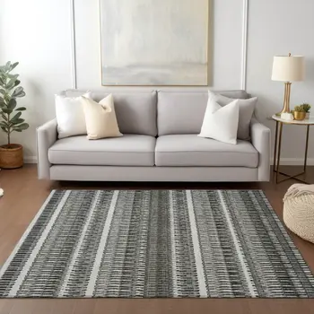 8' X 10' Gray Charcoal And Ivory Striped Washable Indoor Outdoor Area Rug