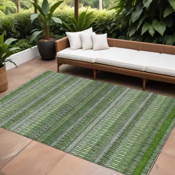 9' X 12' Green And Ivory Striped Washable Indoor Outdoor Area Rug