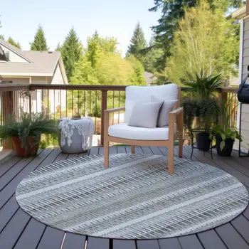 8' Ivory Gray And Taupe Round Striped Washable Indoor Outdoor Area Rug