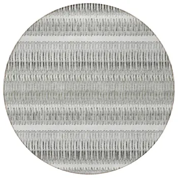 8' Ivory Gray And Taupe Round Striped Washable Indoor Outdoor Area Rug